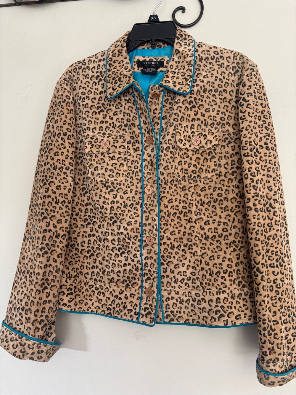 Clothes by Revue Leopard Print Button-Down leather Shirt Jacket with Teal Piping